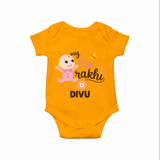 My First Rakhi Baby Boy Cute Graphic Romper  – baby with “my first rakhi” illustration. - CHROME YELLOW - New Born (Chest 14")