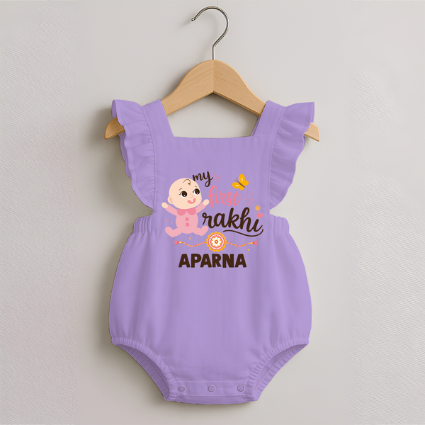 My First Rakhi Baby Boy Cute Graphic Romper Frock – baby with “my first rakhi” illustration. - LILAC - 0 - 3 Months Old (Chest 19")