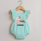 My First Rakhi Baby Boy Cute Graphic Romper Frock – baby with “my first rakhi” illustration. - MINT GREEN - 0 - 3 Months Old (Chest 19")