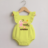 My First Rakhi Baby Boy Cute Graphic Romper Frock – baby with “my first rakhi” illustration. - PASTEL YELLOW - 0 - 3 Months Old (Chest 19")