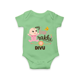 My First Rakhi Baby Boy Cute Graphic Romper  – baby with “my first rakhi” illustration. - GREEN - New Born (Chest 14")