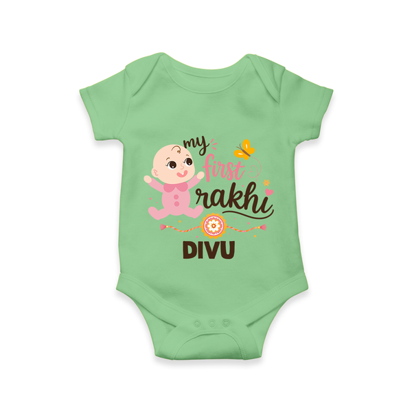 My First Rakhi Baby Boy Cute Graphic Romper  – baby with “my first rakhi” illustration. - GREEN - New Born (Chest 14")