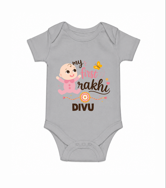 My First Rakhi Baby Boy Cute Graphic Romper  – baby with “my first rakhi” illustration. - GREY - New Born (Chest 14")