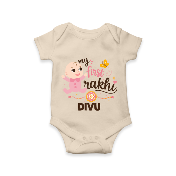 My First Rakhi Baby Boy Cute Graphic Romper  – baby with “my first rakhi” illustration. - IVORY - New Born (Chest 14")