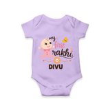 My First Rakhi Baby Boy Cute Graphic Romper  – baby with “my first rakhi” illustration. - LILAC - New Born (Chest 14")