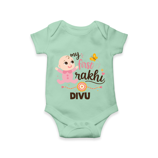 My First Rakhi Baby Boy Cute Graphic Romper  – baby with “my first rakhi” illustration. - MINT GREEN - New Born (Chest 14")