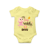 My First Rakhi Baby Boy Cute Graphic Romper  – baby with “my first rakhi” illustration. - PASTEL YELLOW - New Born (Chest 14")