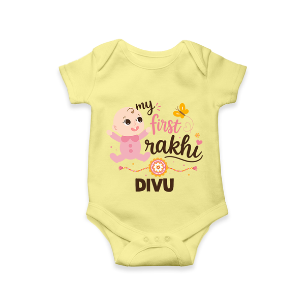My First Rakhi Baby Boy Cute Graphic Romper  – baby with “my first rakhi” illustration. - PASTEL YELLOW - New Born (Chest 14")