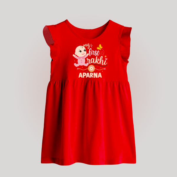 My First Rakhi Baby Boy Cute Graphic Baby Frock – baby with “my first rakhi” illustration. - RED - 0 - 3 Months Old (Chest 17")