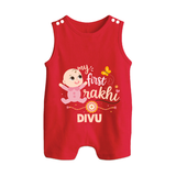 My First Rakhi Baby Boy Cute Graphic Button Romper – baby with “my first rakhi” illustration. - RED - New Born (Chest 18")