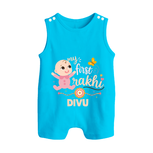 My First Rakhi Baby Boy Cute Graphic Button Romper – baby with “my first rakhi” illustration. - SKY BLUE - New Born (Chest 18")