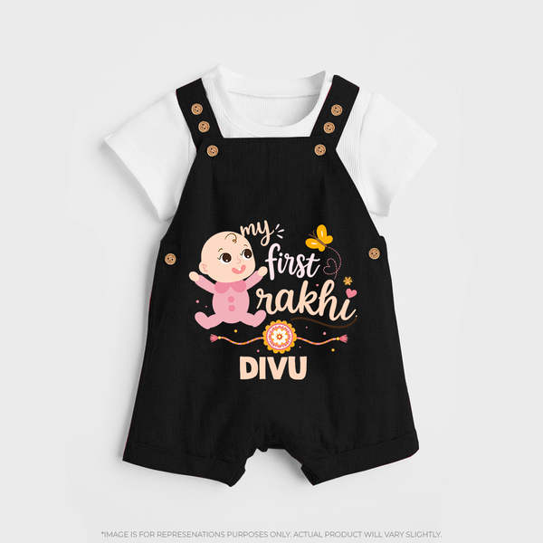 My First Rakhi Baby Boy Cute Graphic Dungaree – baby with “my first rakhi” illustration. - BLACK - 0 - 5 Months Old (Chest 18")