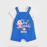 My First Rakhi Baby Boy Cute Graphic Dungaree – baby with “my first rakhi” illustration. - COBALT BLUE - 0 - 5 Months Old (Chest 18")