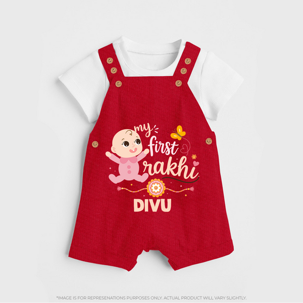 My First Rakhi Baby Boy Cute Graphic Dungaree – baby with “my first rakhi” illustration. - RED - 0 - 5 Months Old (Chest 18")