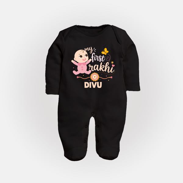 My First Rakhi Baby Boy Cute Graphic Fullbody Suit – baby with “my first rakhi” illustration. - BLACK - New Born (Chest 7.5")