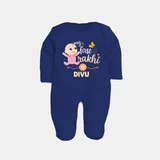 My First Rakhi Baby Boy Cute Graphic Fullbody Suit – baby with “my first rakhi” illustration. - NAVY BLUE - New Born (Chest 7.5")