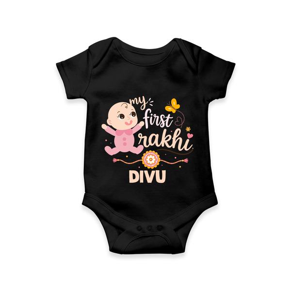My First Rakhi Baby Boy Cute Graphic Romper  – baby with “my first rakhi” illustration. - BLACK - New Born (Chest 14")