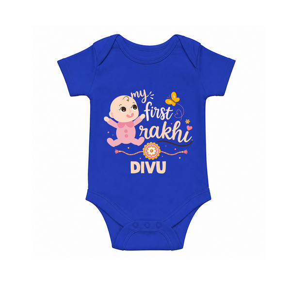 My First Rakhi Baby Boy Cute Graphic Romper  – baby with “my first rakhi” illustration. - COBALT BLUE - New Born (Chest 14")