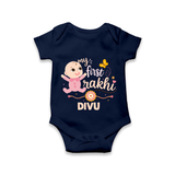 My First Rakhi Baby Boy Cute Graphic Romper  – baby with “my first rakhi” illustration. - NAVY BLUE - New Born (Chest 14")