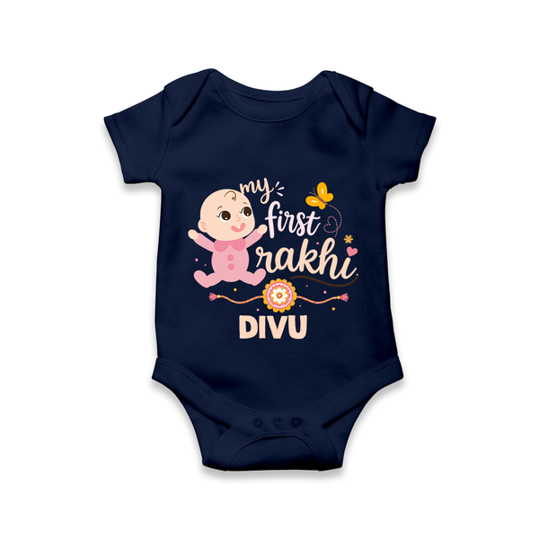 My First Rakhi Baby Boy Cute Graphic Romper  – baby with “my first rakhi” illustration. - NAVY BLUE - New Born (Chest 14")