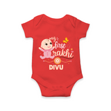 My First Rakhi Baby Boy Cute Graphic Romper  – baby with “my first rakhi” illustration. - RED - New Born (Chest 14")