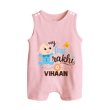Happy Rakhi Baby Siblings Graphic Button Romper – playful sibling interaction with Rakhi. - BABY PINK - New Born (Chest 18")