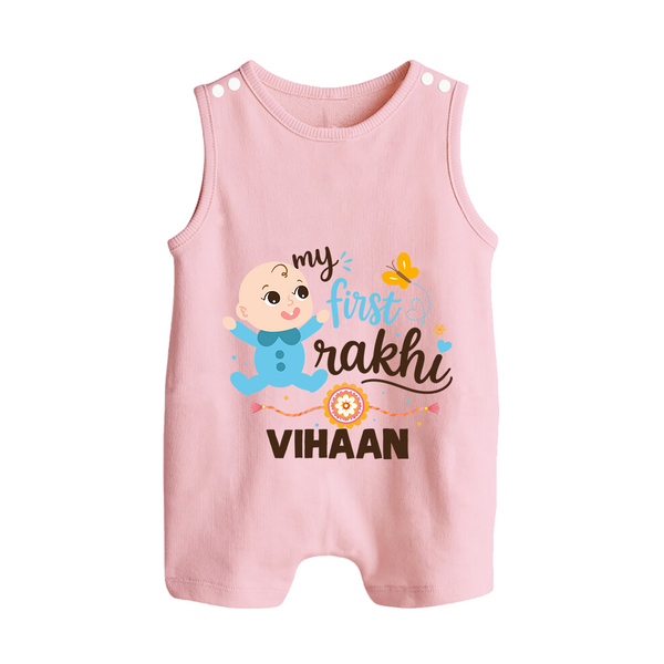 Happy Rakhi Baby Siblings Graphic Button Romper – playful sibling interaction with Rakhi. - BABY PINK - New Born (Chest 18")