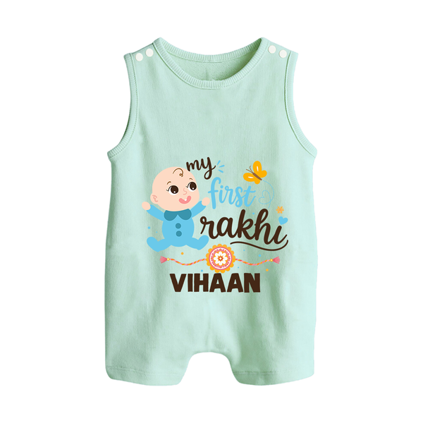 Happy Rakhi Baby Siblings Graphic Button Romper – playful sibling interaction with Rakhi. - MINT GREEN - New Born (Chest 18")