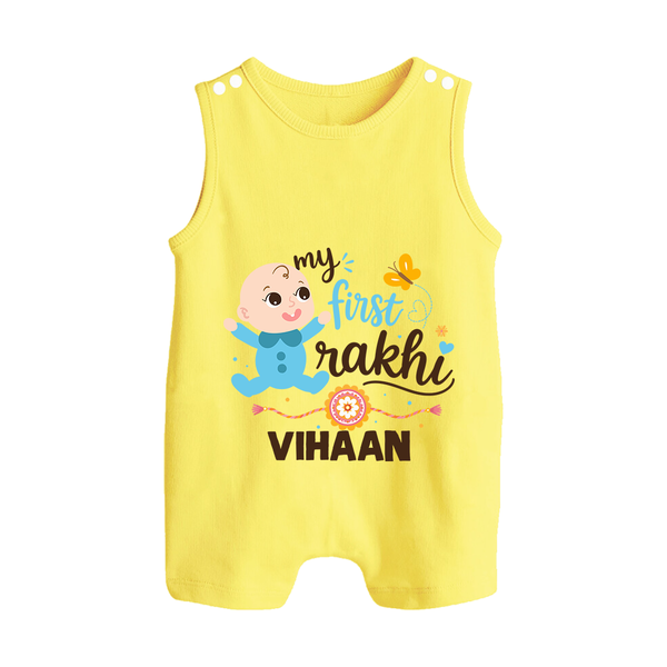 Happy Rakhi Baby Siblings Graphic Button Romper – playful sibling interaction with Rakhi. - PASTEL YELLOW - New Born (Chest 18")