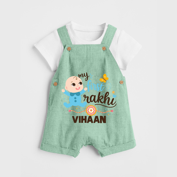 Happy Rakhi Baby Siblings Graphic Dungaree – playful sibling interaction with Rakhi. - MINT GREEN - 0 - 5 Months Old (Chest 18")