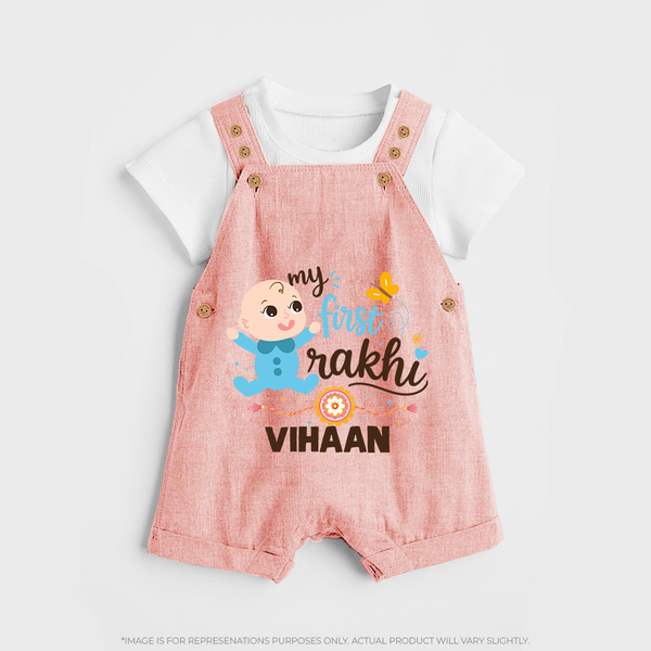 Happy Rakhi Baby Siblings Graphic Dungaree – playful sibling interaction with Rakhi. - PEACH - 0 - 5 Months Old (Chest 18")