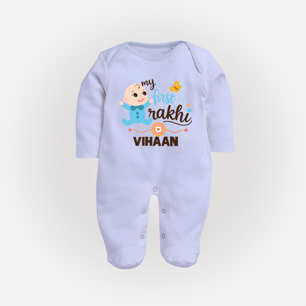Happy Rakhi Baby Siblings Graphic Fullbody Suit – playful sibling interaction with Rakhi. - BABY BLUE - New Born (Chest 7.5")