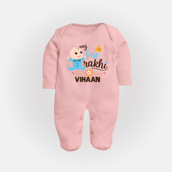 Happy Rakhi Baby Siblings Graphic Fullbody Suit – playful sibling interaction with Rakhi. - BABY PINK - New Born (Chest 7.5")