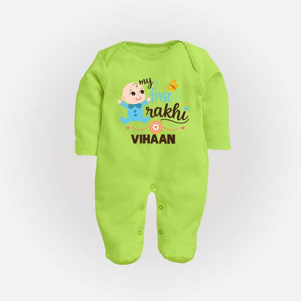 Happy Rakhi Baby Siblings Graphic Fullbody Suit – playful sibling interaction with Rakhi. - LIME GREEN - New Born (Chest 7.5")
