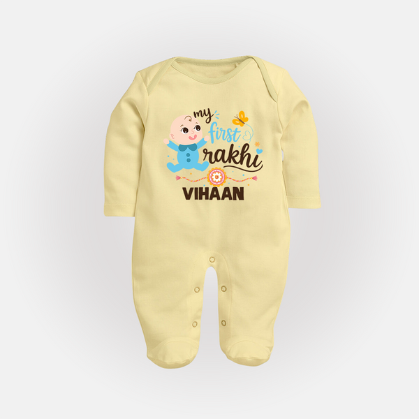 Happy Rakhi Baby Siblings Graphic Fullbody Suit – playful sibling interaction with Rakhi. - PASTEL YELLOW - New Born (Chest 7.5")