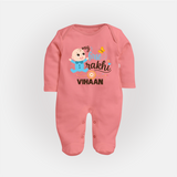 Happy Rakhi Baby Siblings Graphic Fullbody Suit – playful sibling interaction with Rakhi. - PEACH - New Born (Chest 7.5")