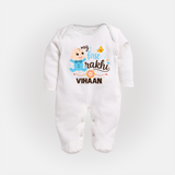 Happy Rakhi Baby Siblings Graphic Fullbody Suit – playful sibling interaction with Rakhi. - WHITE - New Born (Chest 7.5")