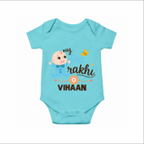 Happy Rakhi Baby Siblings Graphic Romper  – playful sibling interaction with Rakhi. - ARCTIC BLUE - New Born (Chest 14")