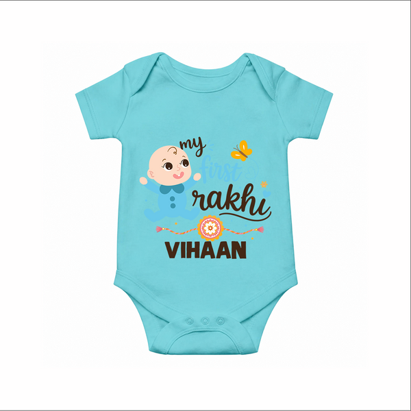 Happy Rakhi Baby Siblings Graphic Romper  – playful sibling interaction with Rakhi. - ARCTIC BLUE - New Born (Chest 14")