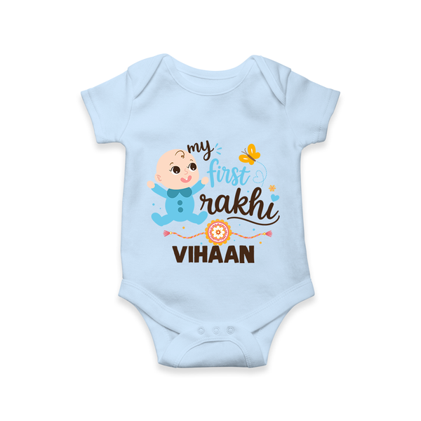 Happy Rakhi Baby Siblings Graphic Romper  – playful sibling interaction with Rakhi. - BABY BLUE - New Born (Chest 14")