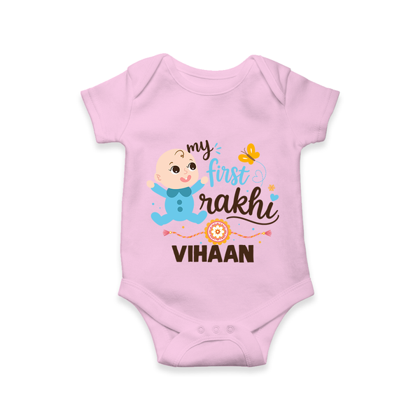 Happy Rakhi Baby Siblings Graphic Romper  – playful sibling interaction with Rakhi. - BABY PINK - New Born (Chest 14")