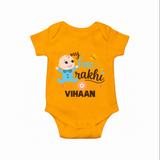 Happy Rakhi Baby Siblings Graphic Romper  – playful sibling interaction with Rakhi. - CHROME YELLOW - New Born (Chest 14")