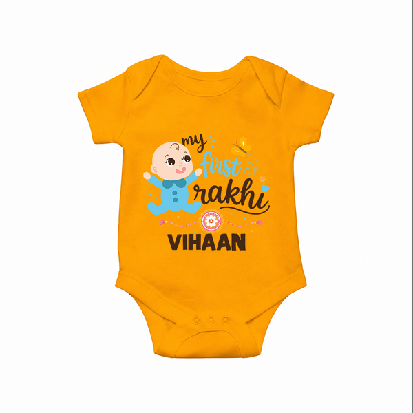 Happy Rakhi Baby Siblings Graphic Romper  – playful sibling interaction with Rakhi. - CHROME YELLOW - New Born (Chest 14")