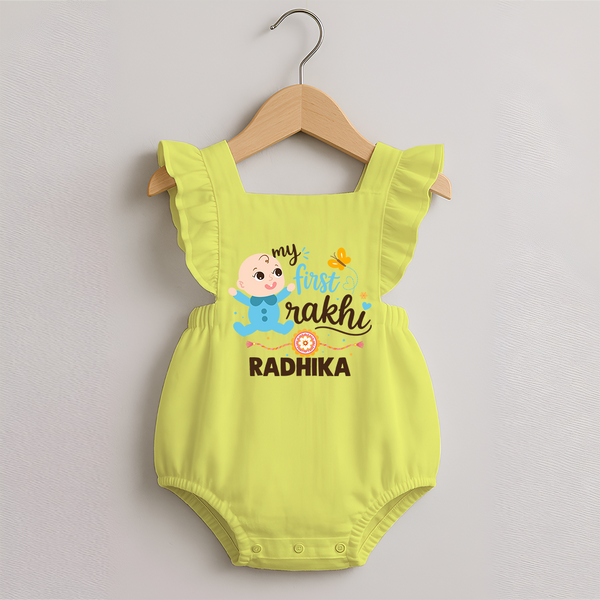 Happy Rakhi Baby Siblings Graphic Romper Frock – playful sibling interaction with Rakhi. - PASTEL YELLOW - 0 - 3 Months Old (Chest 19")