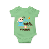 Happy Rakhi Baby Siblings Graphic Romper  – playful sibling interaction with Rakhi. - GREEN - New Born (Chest 14")