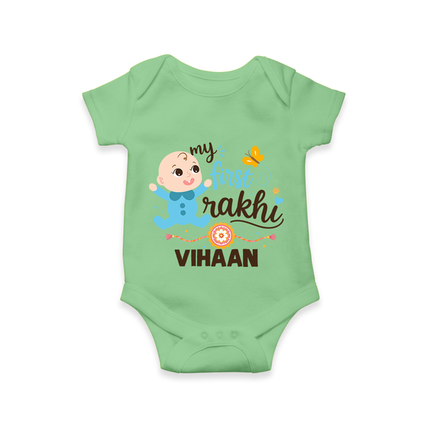 Happy Rakhi Baby Siblings Graphic Romper  – playful sibling interaction with Rakhi. - GREEN - New Born (Chest 14")