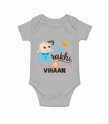 Happy Rakhi Baby Siblings Graphic Romper  – playful sibling interaction with Rakhi. - GREY - New Born (Chest 14")