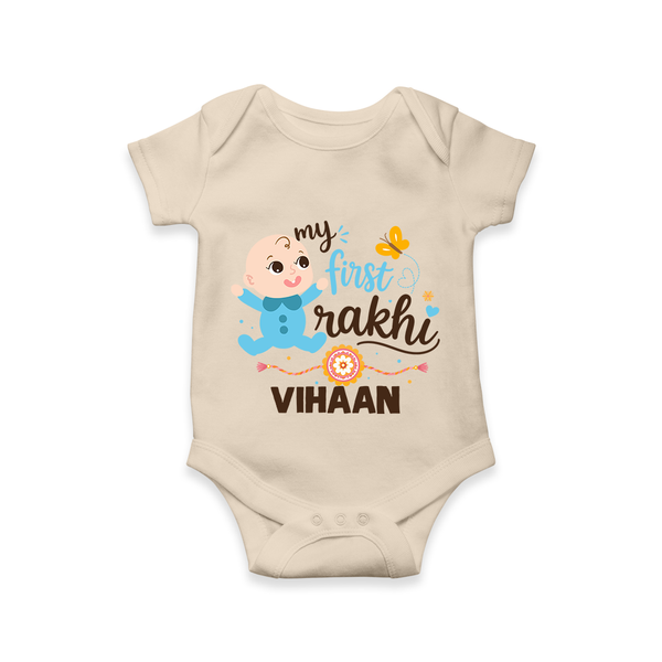 Happy Rakhi Baby Siblings Graphic Romper  – playful sibling interaction with Rakhi. - IVORY - New Born (Chest 14")