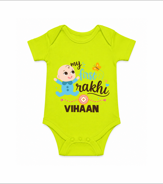 Happy Rakhi Baby Siblings Graphic Romper  – playful sibling interaction with Rakhi. - LIME GREEN - New Born (Chest 14")