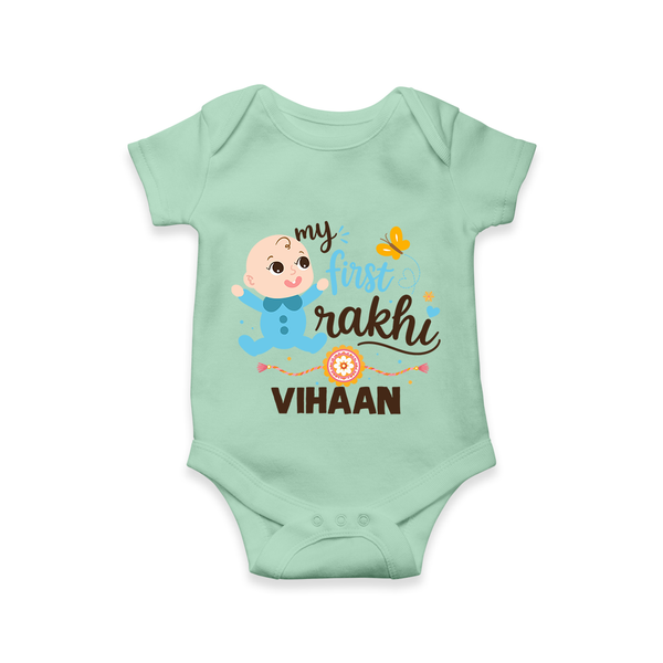 Happy Rakhi Baby Siblings Graphic Romper  – playful sibling interaction with Rakhi. - MINT GREEN - New Born (Chest 14")
